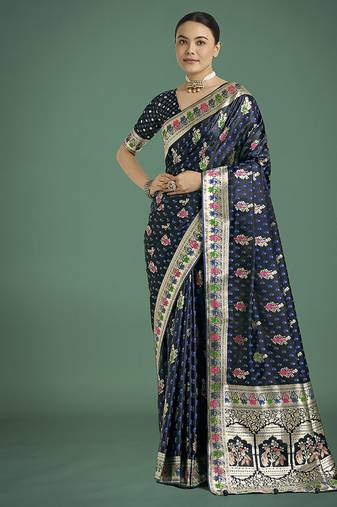 dark blue with gold border banarasi zari woven satin saree