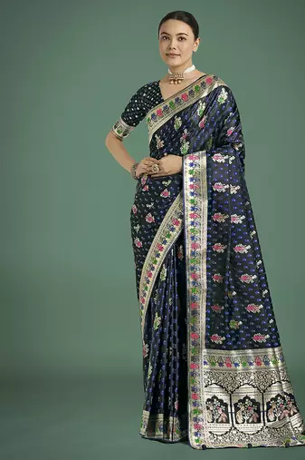 dark blue with gold border banarasi zari woven satin saree