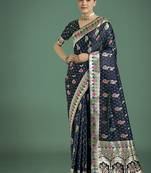 dark blue with gold border banarasi zari woven satin saree