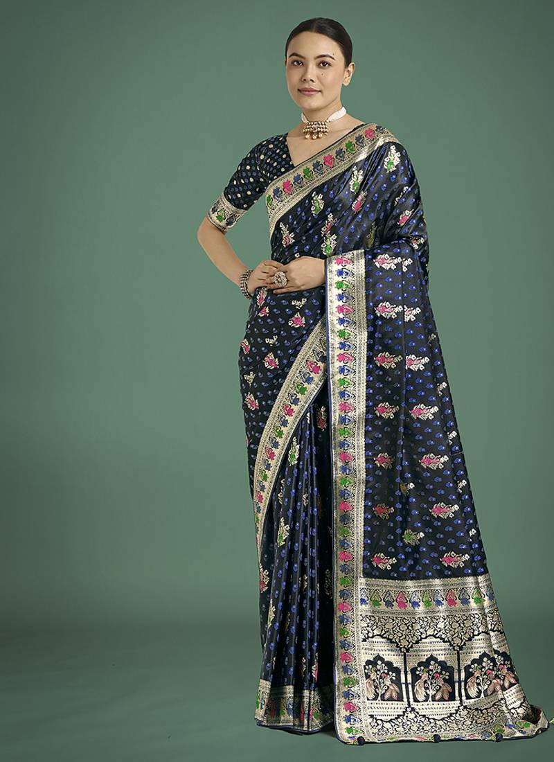 dark blue with gold border banarasi zari woven satin saree