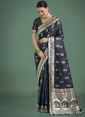 dark blue banarasi zari woven satin saree 2