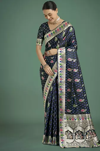 dark blue banarasi zari woven satin saree