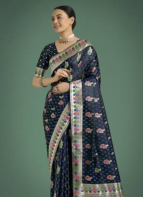 dark blue banarasi zari woven satin saree 3