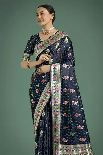 dark blue banarasi zari woven satin saree