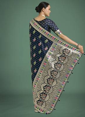 dark blue banarasi zari woven satin saree 4