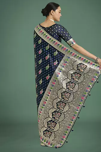 dark blue banarasi zari woven satin saree