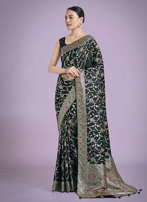 dark green zari woven banarasi satin silk blend saree 1