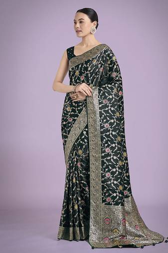 dark green zari woven banarasi satin silk saree