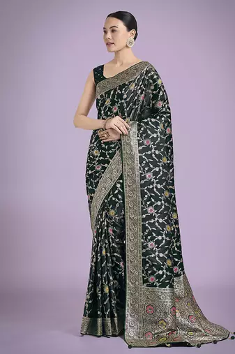 dark green zari woven banarasi satin silk saree
