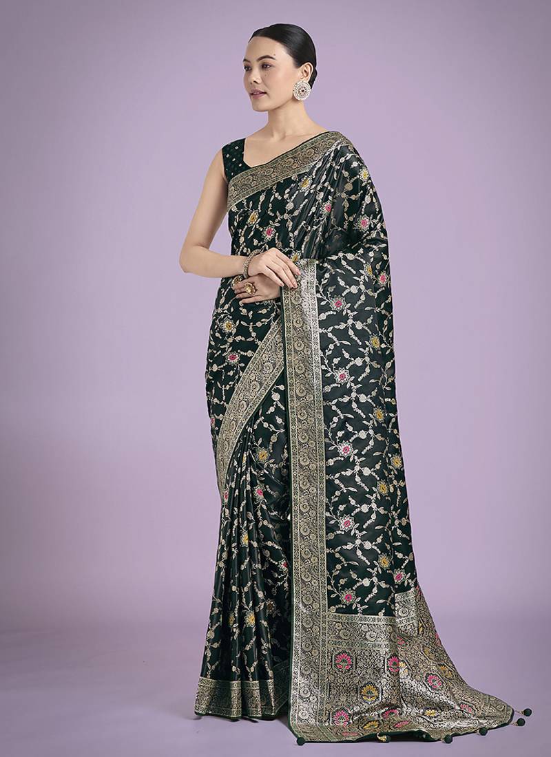dark green zari woven banarasi satin silk saree