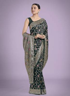 dark green zari woven banarasi satin silk blend saree 2