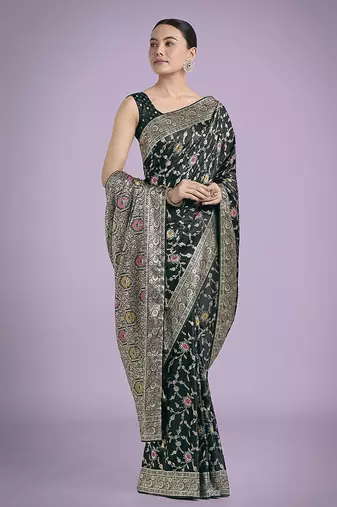 dark green zari woven banarasi satin silk blend saree