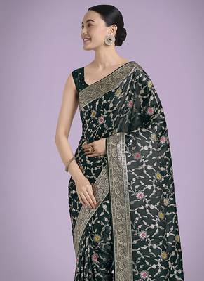 dark green zari woven banarasi satin silk blend saree 3