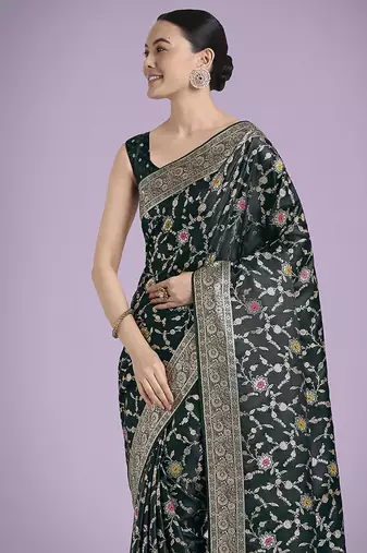 dark green zari woven banarasi satin silk blend saree