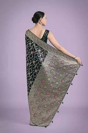 dark green zari woven banarasi satin silk blend saree