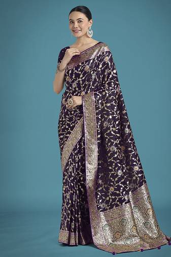 dark purple zari woven banarasi satin silk saree