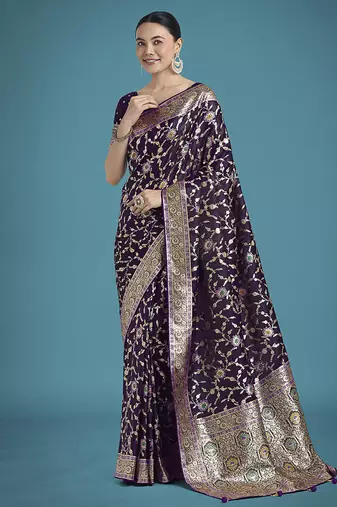 dark purple zari woven banarasi satin silk saree