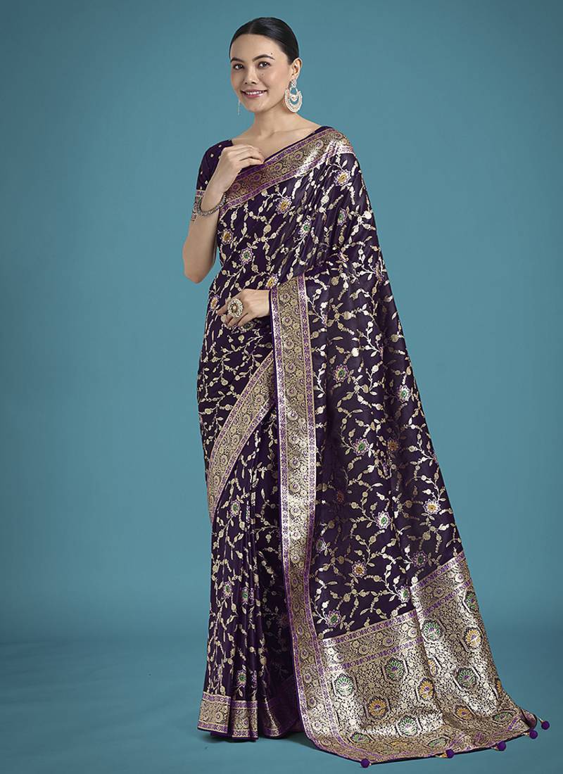 dark purple zari woven banarasi satin silk saree