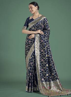 dark blue zari woven banarasi satin silk blend saree 1
