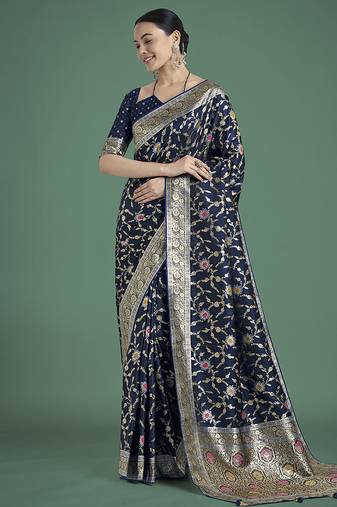 dark blue zari woven banarasi satin silk saree