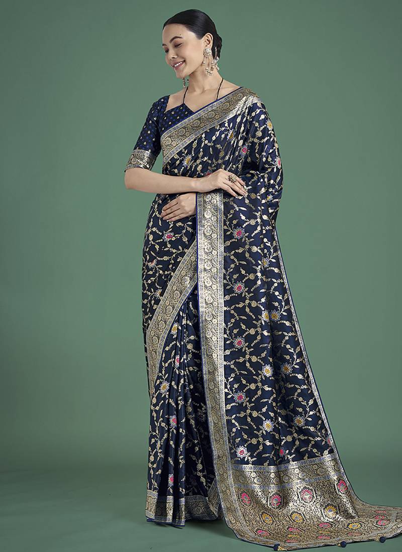 dark blue zari woven banarasi satin silk saree
