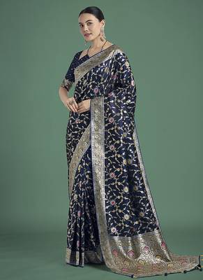dark blue zari woven banarasi satin silk blend saree 2