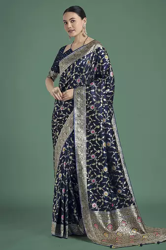 dark blue zari woven banarasi satin silk blend saree