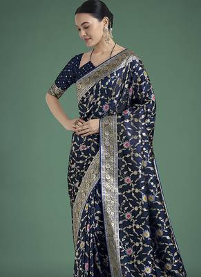 dark blue zari woven banarasi satin silk blend saree 3