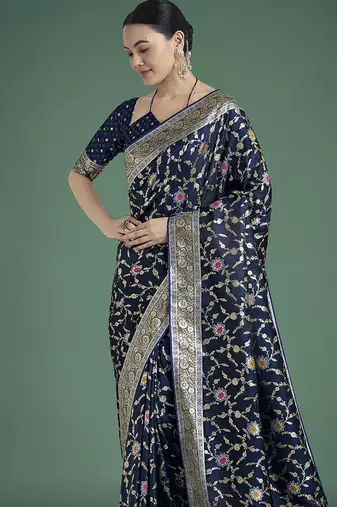 dark blue zari woven banarasi satin silk blend saree