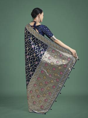 dark blue zari woven banarasi satin silk blend saree 4