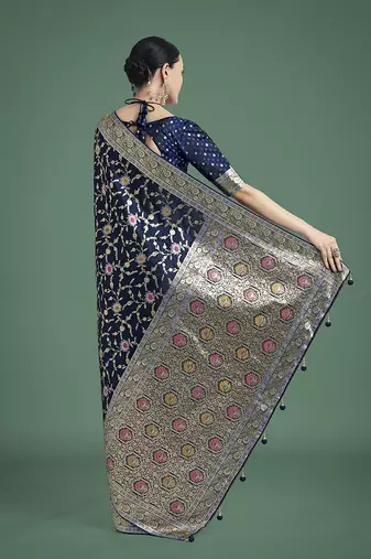 dark blue zari woven banarasi satin silk blend saree