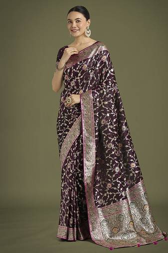 wine zari woven banarasi satin silk saree