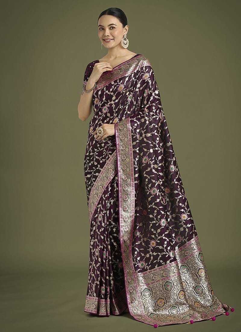 wine zari woven banarasi satin silk saree