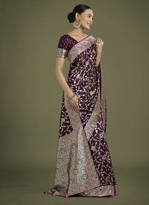 wine zari woven banarasi satin silk blend saree 2