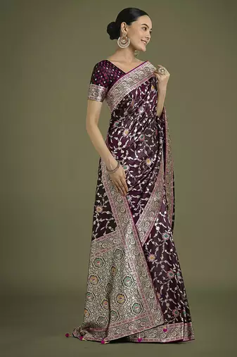 wine zari woven banarasi satin silk blend saree