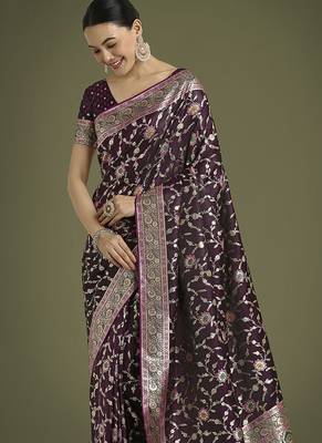 wine zari woven banarasi satin silk blend saree 3