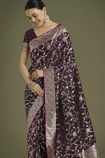 wine zari woven banarasi satin silk blend saree