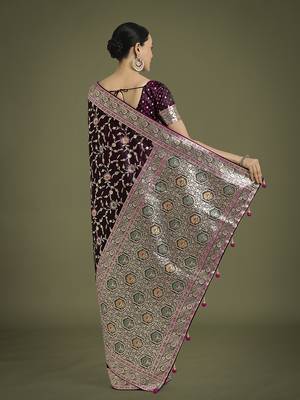 wine zari woven banarasi satin silk blend saree 4