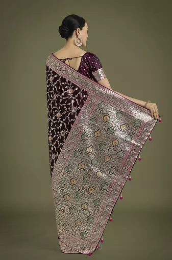 wine zari woven banarasi satin silk blend saree