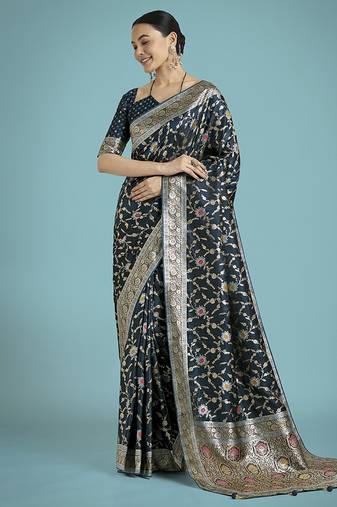 dark teal zari woven banarasi satin silk saree