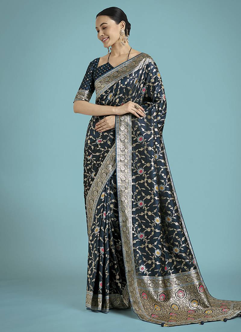 dark teal zari woven banarasi satin silk saree