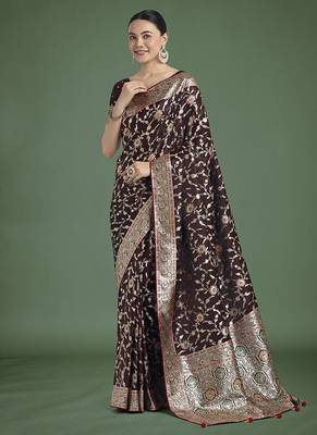 maroon zari woven banarasi satin silk blend saree 1