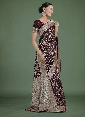 maroon zari woven banarasi satin silk blend saree 2