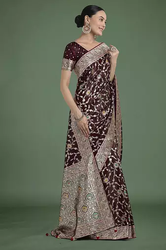 maroon zari woven banarasi satin silk blend saree