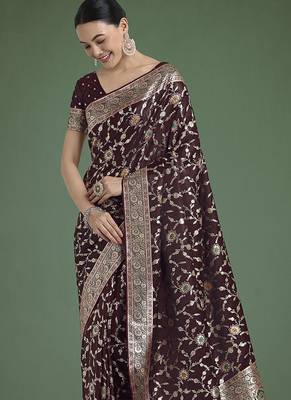 maroon zari woven banarasi satin silk blend saree 3
