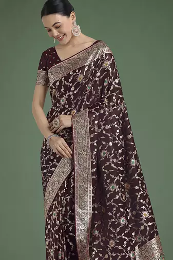maroon zari woven banarasi satin silk blend saree