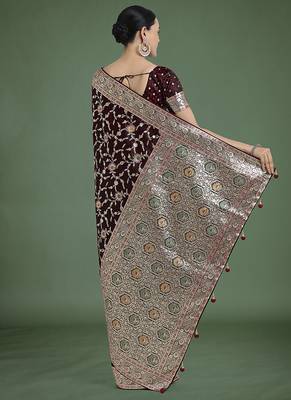 maroon zari woven banarasi satin silk blend saree 4
