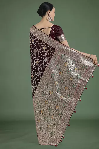 maroon zari woven banarasi satin silk blend saree