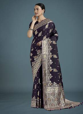 dark purple zari woven banarasi satin silk blend saree  1