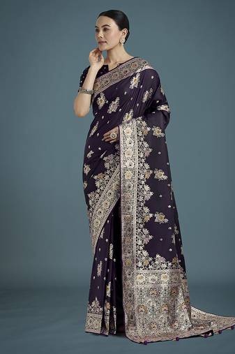 dark purple zari woven banarasi satin silk saree 